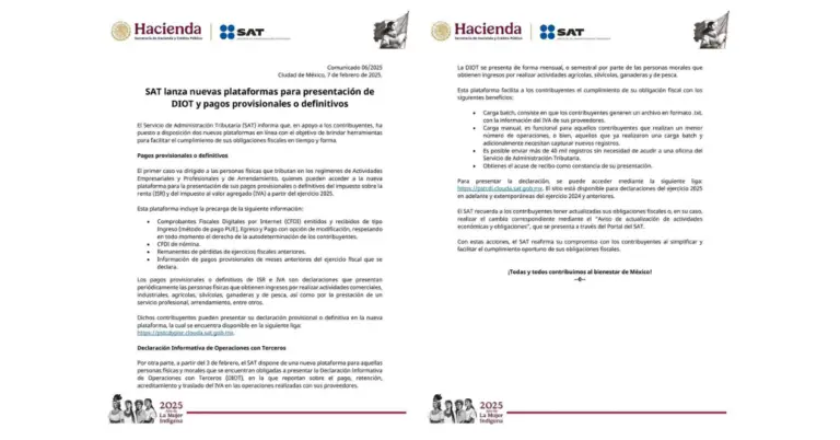 El SAT informa sobre la habilitación de dos nuevas plataformas en línea para el cumplimiento de obligaciones