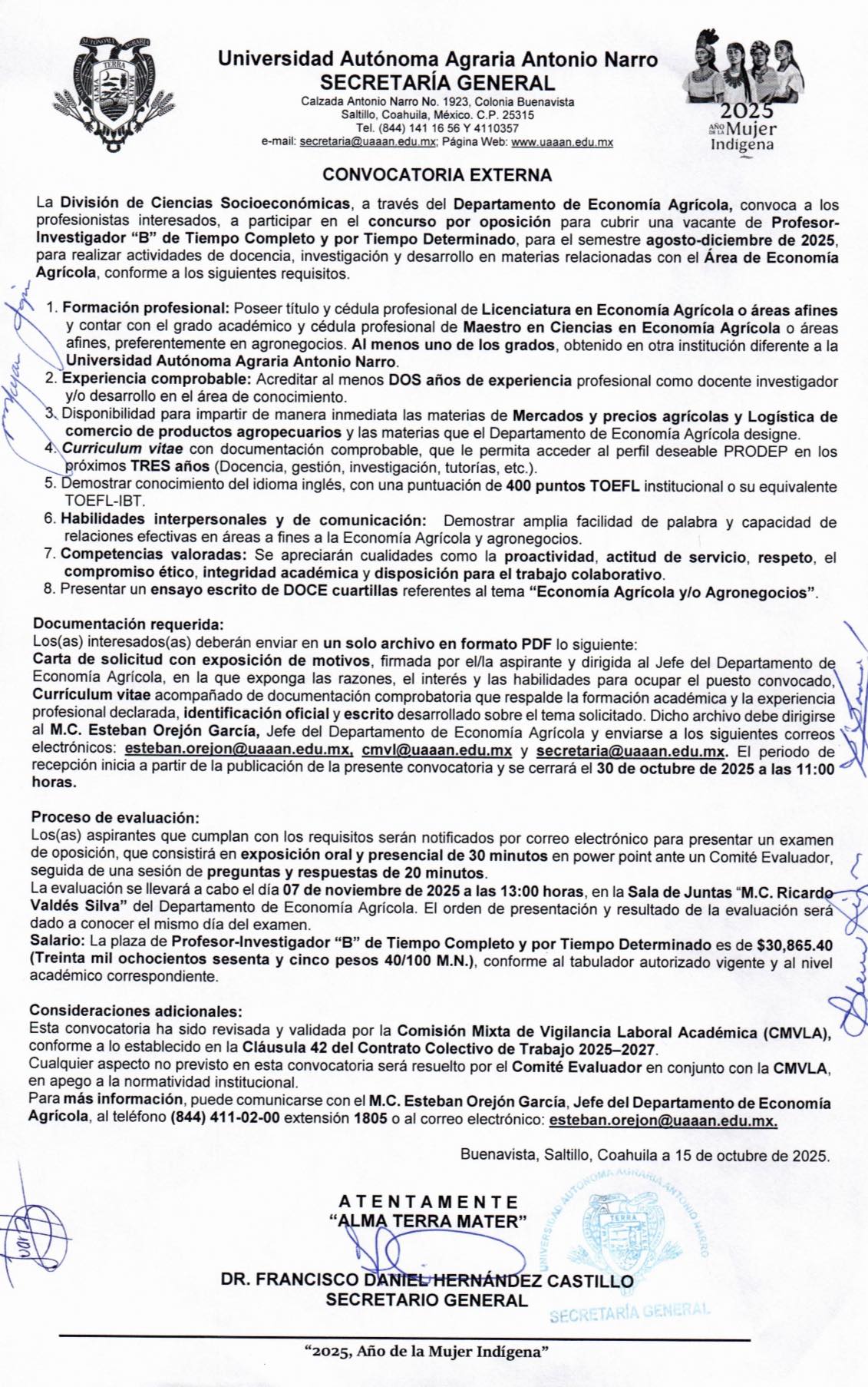 La UAAAN convoca a Profesor-Investigador “B” (Tiempo Completo, por tiempo determinado) para el Departamento de Economía Agrícola.